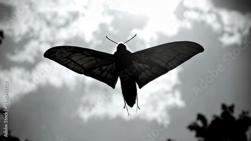 Detailed monochrome shot of a moth in mid-flight against a backdrop of cloudy skies and tree silhouettes, creating stark contrast.