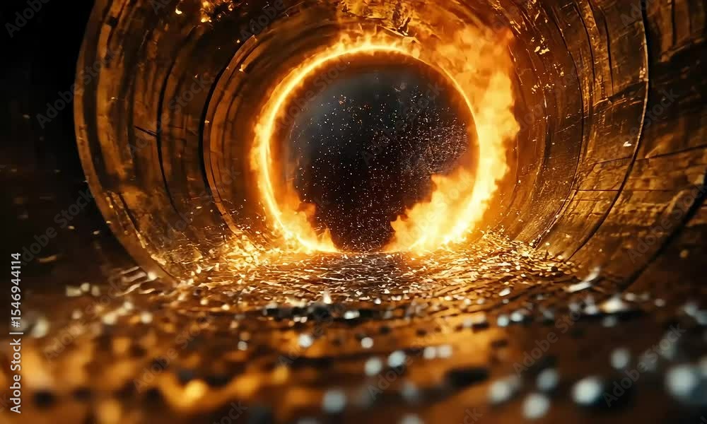 Fiery portal effect within a tunnel-like structure, fantasy, and technology fusion