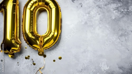 Shiny golden foil balloons spelling the number ten, celebrating a tenth anniversary, on a textured grey background