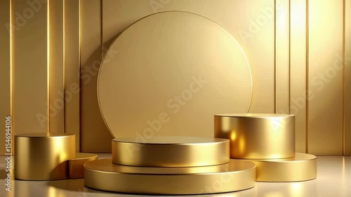 Elegant golden backdrop with cylindrical podiums and circular element for product presentation in a luxurious setting with polished surfaces.