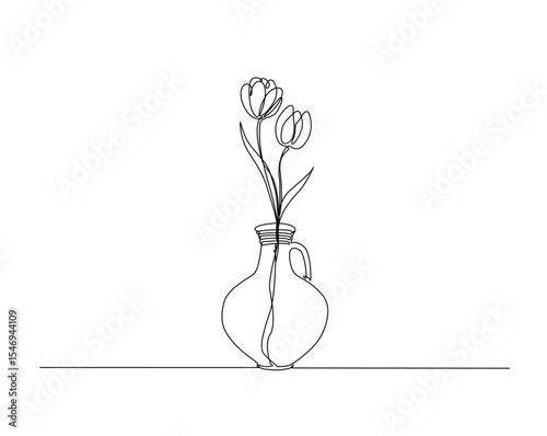 Tulip flower on vintage vase outline drawing illustration. one continuous line drawing of flower for interior.