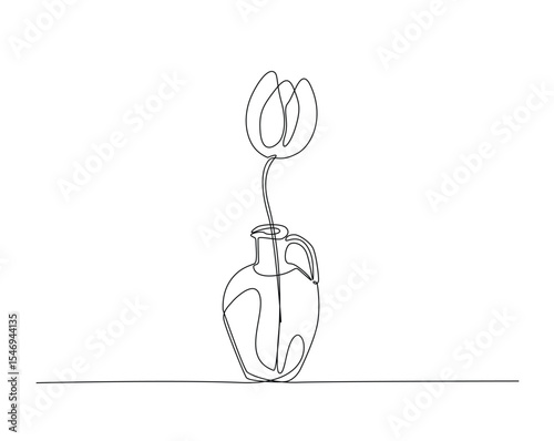 Tulip flower on vintage vase outline drawing illustration. one continuous line drawing of flower for interior.