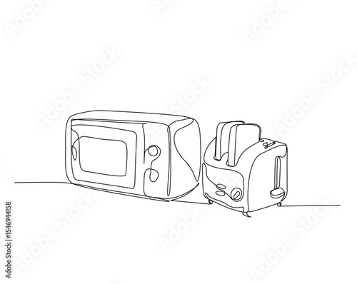 Kitchen equipment, microwave and toaster outline drawing illustration. one continuous line drawing of microwave and toaster.