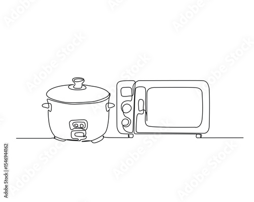 Kitchen equipment, rice cooker and toaster outline drawing illustration. one continuous line drawing of rice cooker and toaster.