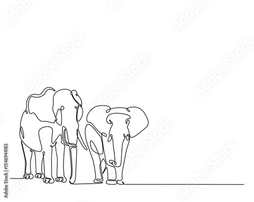 Elephants outline drawing illustration. one continuous line drawing of two elephant.