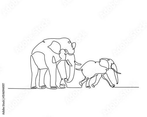 Elephants outline drawing illustration. one continuous line drawing of two elephant.