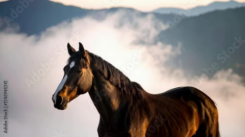 Elegant dark bay horse stands calmly against backdrop of misty mountains at dusk, showcasing its muscular build and beautiful white blaze.