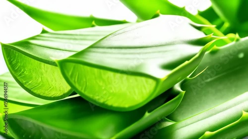 Fresh green aloe vera plant leaves and gel close up against a white background displaying natural skincare ingredients