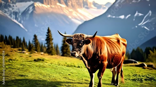 Majestic Brown Highland Cattle Portrait with Snowy Mountain Backdrop in Lush Green Field