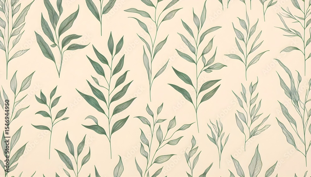 Naklejka premium Elegant hand-drawn green plant pattern repeats softly over beige background, creating a vintage minimalist botanical wallpaper look.