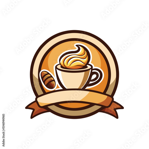 Modern café logo design featuring coffee cup and croissant in minimalist style. Perfect for coffee shops, bakeries, restaurants, and breakfast branding. Vector template included.