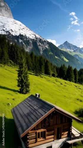 Idyllic landscape featuring a rustic wooden cabin nestled in a lush green meadow near snow-capped mountains on a sunny day