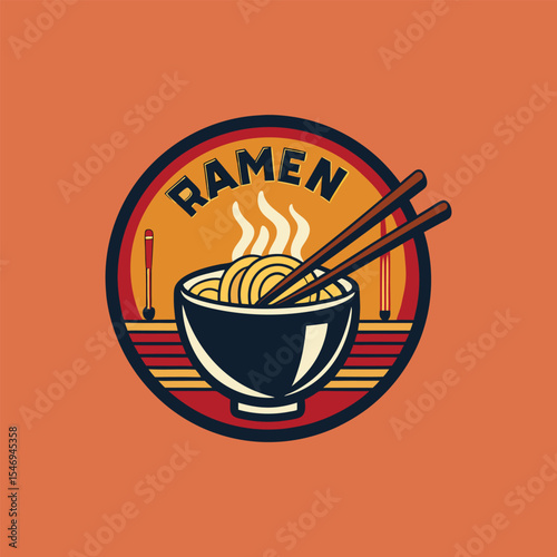 Minimalist ramen bar logo with steaming noodle bowl and chopsticks, Japanese cuisine restaurant emblem, Asian food vector design, noodle soup icon illustration