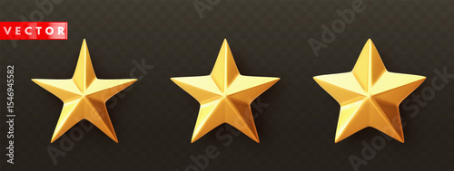 Set of glossy golden 3d stars of different shapes with shadow in realistic style. Feedback and leadership symbol icon. Yellow metallic trophy star for game, rating, ui, website. Vector illustration
