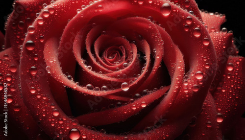 Close-up of a red rose covered in water droplets showing detailed petal texture and vibrant color