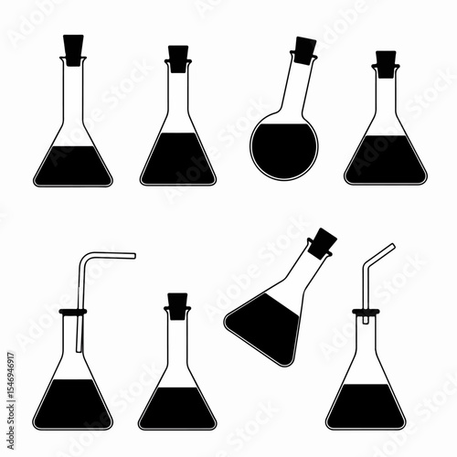 Chemistry flasks black and white science concept