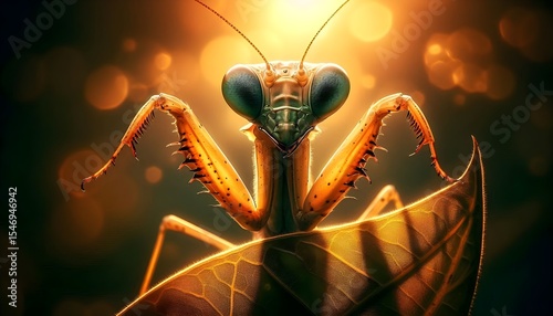 In warm golden light, a small praying mantis freezes in jump-ready stance with raised legs and sharp focused eyes.