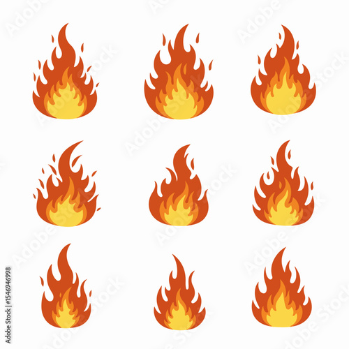 Cartoon fire flames set, burning bonfire collection