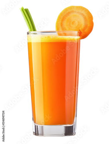 Fresh carrot juice with vivid color in a tall glass with splash on transparent background