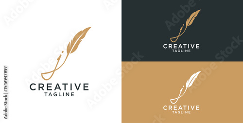 golden feather signature logo design. Minimalist feather j initial logo template