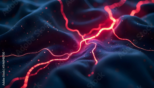 Glowing electric veins stretching over dark fabric.