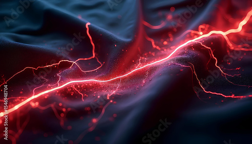 Glowing electric veins stretching over dark fabric.