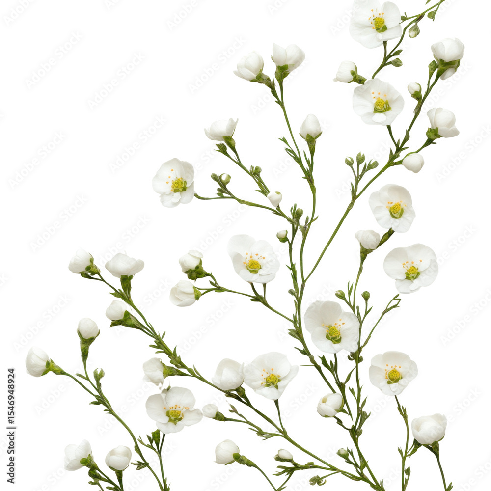 Obraz premium Delicate White Flowers on Dark Background with Green Stems and Leaves