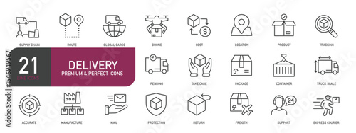 Set of line icons related to user delivery, shipping, cargo, warehouse. Outline icons collection. Editable stroke. Vector illustration.