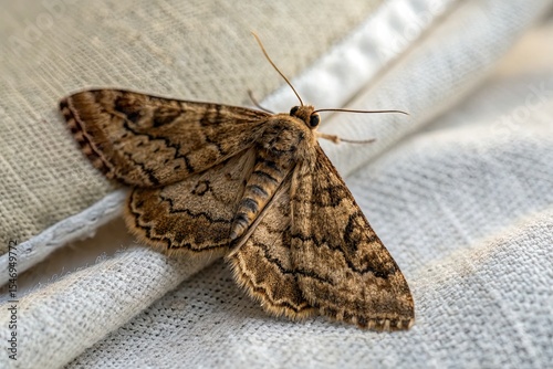 Close-up of a patterned moth resting on a textured fabric, showcasing its intricate wings and details