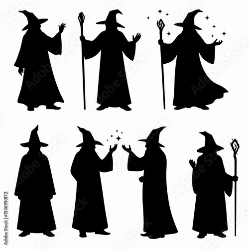 Wizard silhouette set with magic spells and staff