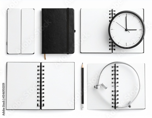 set of notebooks and one clock mockup on white background
