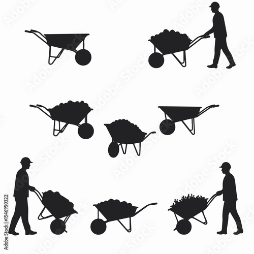 Wheelbarrow and man pushing a wheelbarrow silhouette