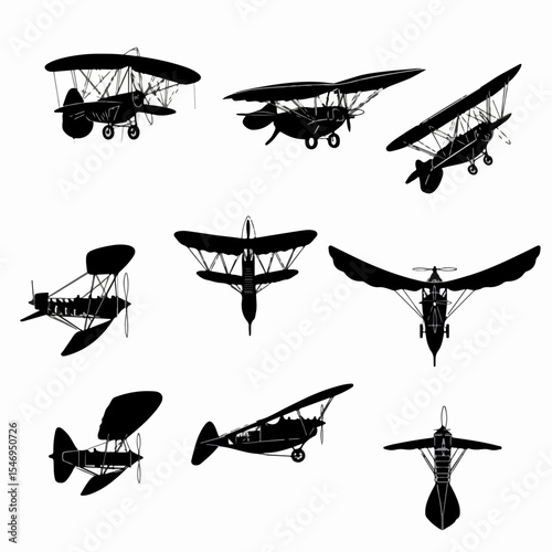Vintage airplane silhouettes aviation transportation flying machine aircraft