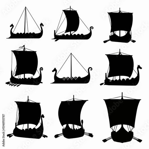 Viking ship silhouette set, ancient vessel icons