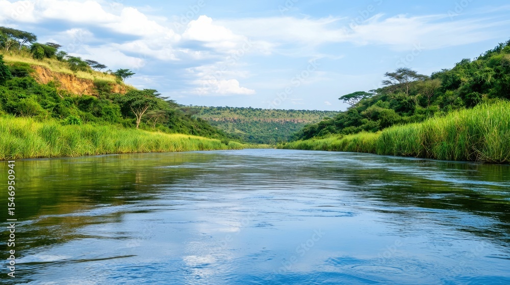 Obraz premium Picturesque African riverbank scene featuring lush verdant vegetation calm flowing waters and a tranquil natural atmosphere inviting and appreciation of the local ecosystem