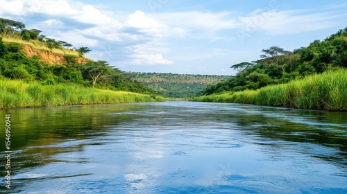 Picturesque African riverbank scene featuring lush verdant vegetation calm flowing waters and a tranquil natural atmosphere inviting and appreciation of the local ecosystem