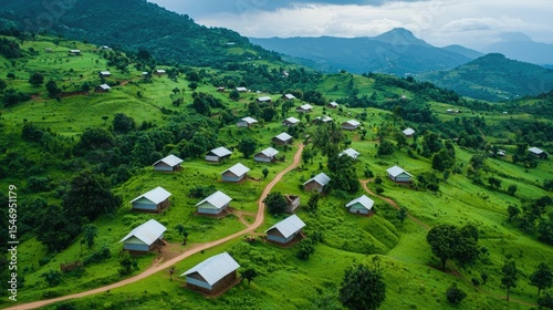 Aerial panoramic view of a traditional African village nestled amidst lush green hills and mountains showcasing the serene and picturesque rural landscape