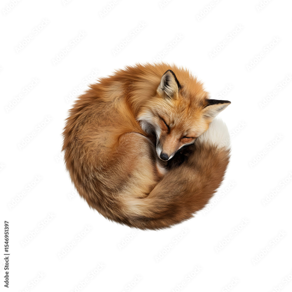Obraz premium Orange-red fox curled into a resting ball, tail wrapped around its body