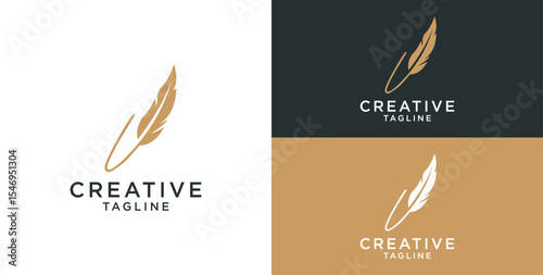 golden feather signature logo design. Minimalist feather l initial logo template
