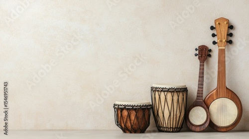 Assortment of traditional African music instruments including drums guitars and other percussion instruments displayed against a neutral minimalist backdrop