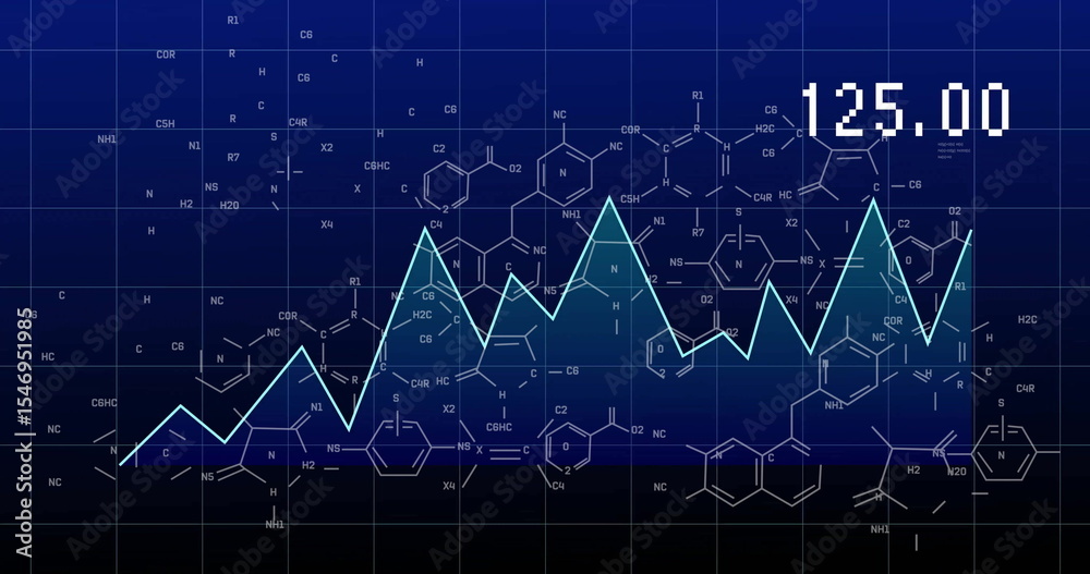 Fototapeta premium Showing jagged turquoise-blue chart on dark grid display with chemical formulas and value 125