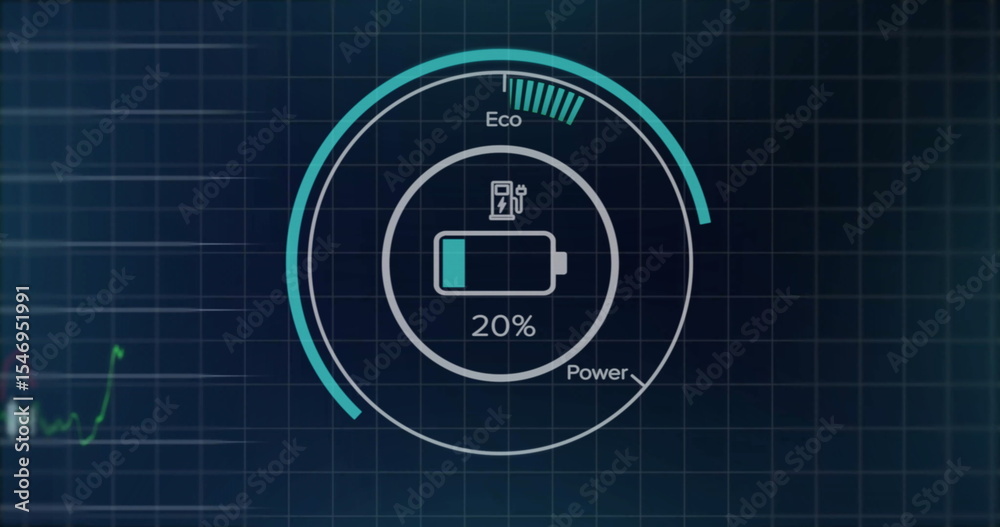 Obraz premium Displaying circular battery gauge showing 20% charge and plug icon on dashboard, with Eco Power