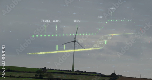 Rotating wind turbine rising above farmland with hedgerows, with floating data points, candlesticks
