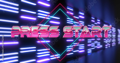 Shining neon PRESS START text in arcade scene, with diamond outline and horizontal neon light bars