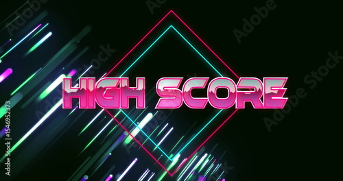 Displaying HIGH SCORE text glowing on dark canvas, with neon diamond outlines and light streaks