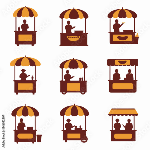 Street food carts with vendors in flat style