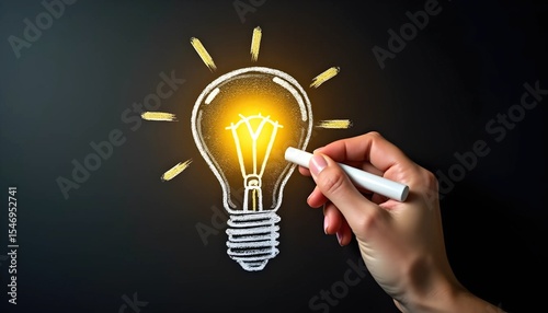 Chalk drawing of a light bulb with a hand holding a chalk.