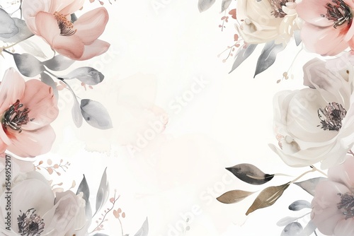 Clean white background with soft blush pink and ivory floral watercolor border, elegant islamic wedding theme, space for text in center 