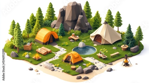 Idyllic Camping Landscape with Tents, Fire Pit, and Water Feature for Recreation
