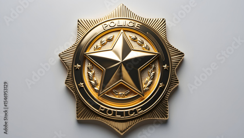 A golden police badge shimmers, its star and intricate details symbolizing authority, protection, and community service, against a crisp surface.